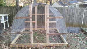 I used 2"x4"s and pallet boards to support the hoops and to have something to attach the wire to.